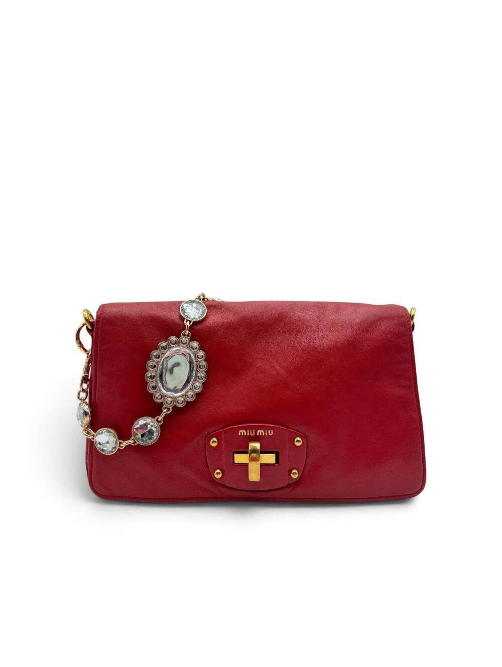 Miu Miu Vitello Lux Red Leather Crystal Chain Clutch Shoulder Bag